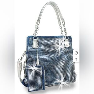 Blue-Jean Rhinestone Covered Accessorized  Silver Shoulder Bag adjustable strap